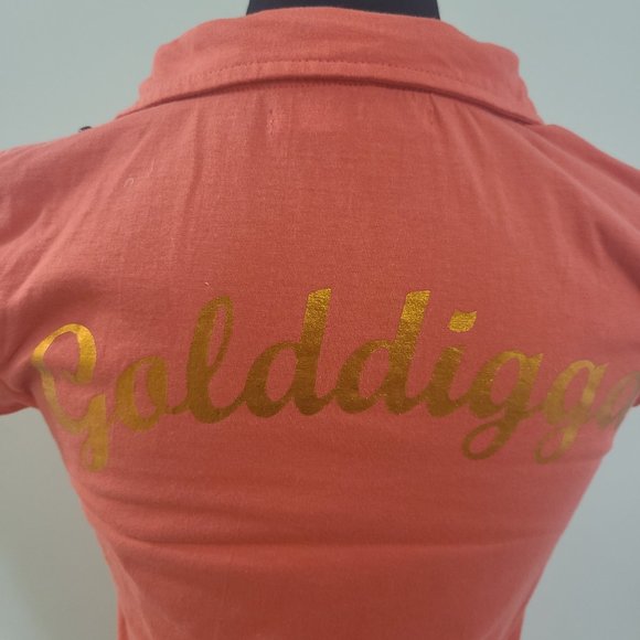 Sexy GOLDDIGGA Y2K Burnt Orange and Copper/Gold Short Sleeved Polo Shirt - Picture 4 of 9